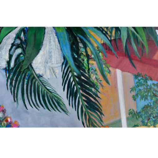 Vintage 1986 painting of a child beside a swimming pool.