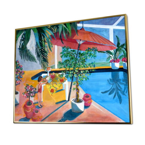 Vintage 1986 painting of a child beside a swimming pool.