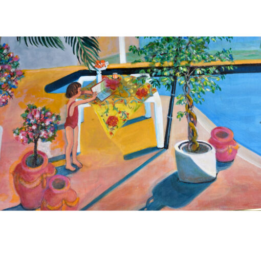 Vintage 1986 painting of a child beside a swimming pool.