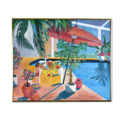 Vintage 1986 painting of a child beside a swimming pool.