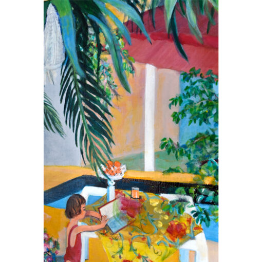 Vintage 1986 painting of a child beside a swimming pool.
