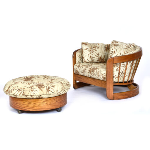 Vintage 1980s Solid Oak Barrel Chair with Matching Ottoman by Howard Furniture