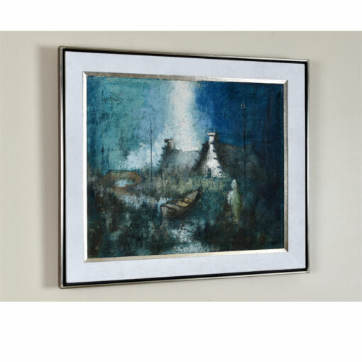 Nautical and Figural Village Painting in White and Blue Vintage 1972