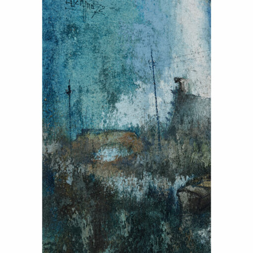 Nautical and Figural Village Painting in White and Blue Vintage 1972