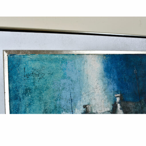 Nautical and Figural Village Painting in White and Blue Vintage 1972