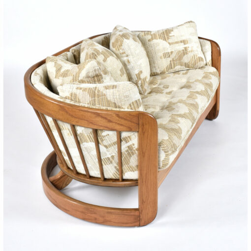 Howard vintage 1980s oak frame curved love seat sofa
