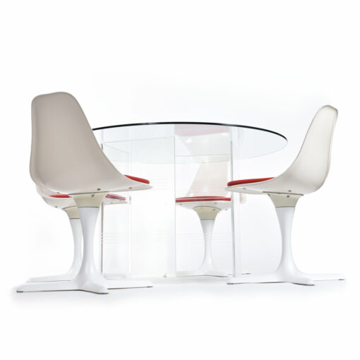 Mid-Century Modern Burke tulip chairs with round lucite dining table