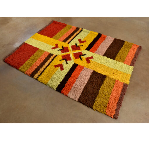 Red orange yellow and brown Scandinavian rya rug area rug wall hanging vintage 1970s.