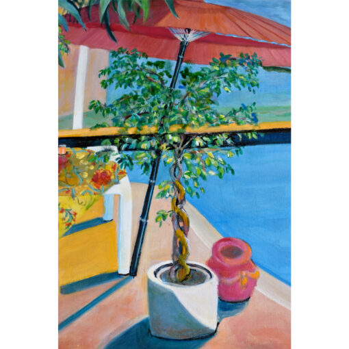 Vintage 1986 painting of a child beside a swimming pool.