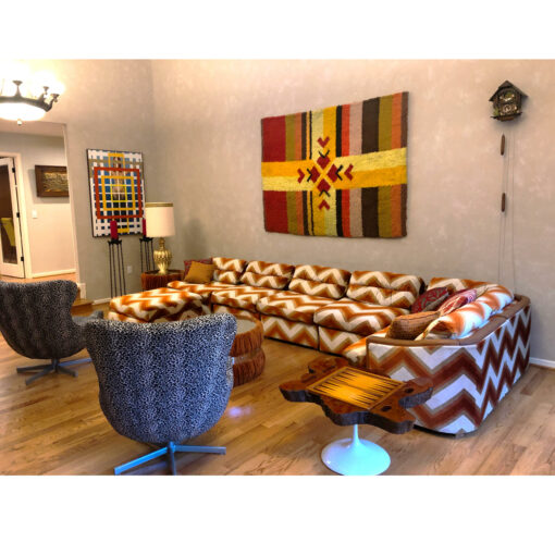 Red orange yellow and brown Scandinavian rya rug area rug wall hanging vintage 1970s.