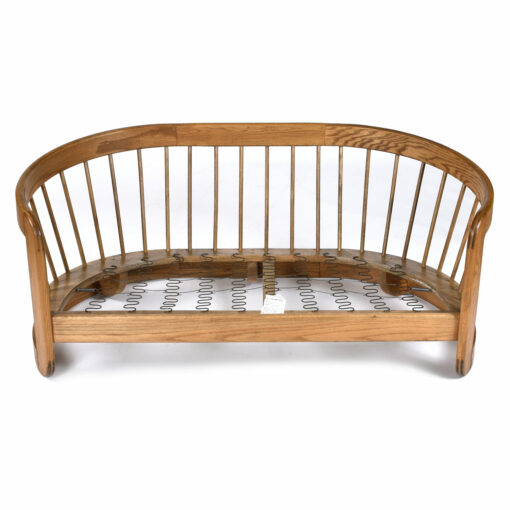 Crescent shaped curved solid oak spindle back loveseat sofa frame vintage 1980s