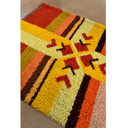 Red orange yellow and brown Scandinavian rya rug area rug wall hanging vintage 1970s.