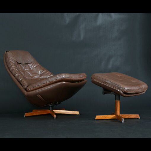Madsen & Schubel Leather and Teak Danish Swivel Recliner Lounge Chair