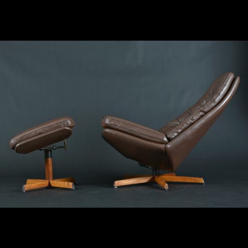 Madsen & Schubel Leather and Teak Danish Swivel Recliner Lounge Chair and ottoman
