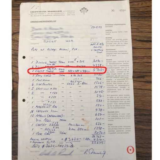 Original receipt for Danish coffee table
