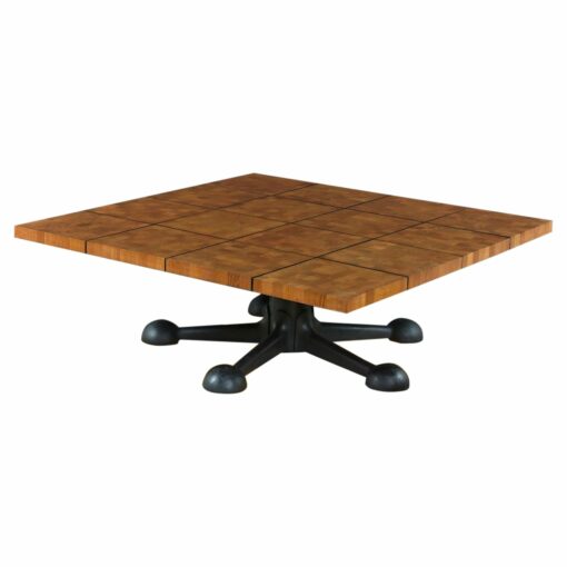 Large Square Solid Teak Danish Parquet Coffee Table on Iron Jax Base