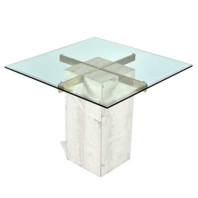Travertine side table with square glass top and gold cross bar