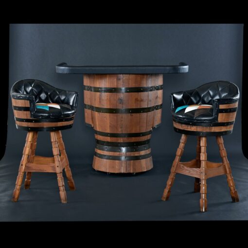 Brothers Furniture Mid-Century Modern Whiskey Barrel Bar with Bar Stools