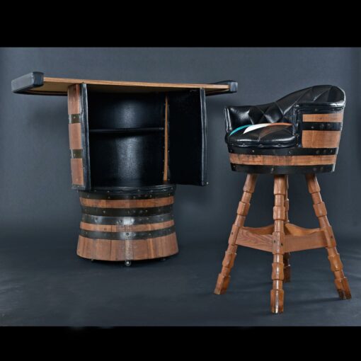 Brothers Furniture Mid-Century Modern Whiskey Barrel Bar with Bar Stools