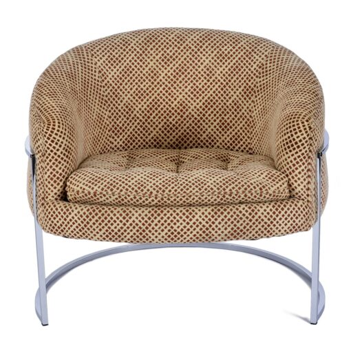 Vintage 1970s Beige and Brown Barrel Tub Chair with Chrome Base