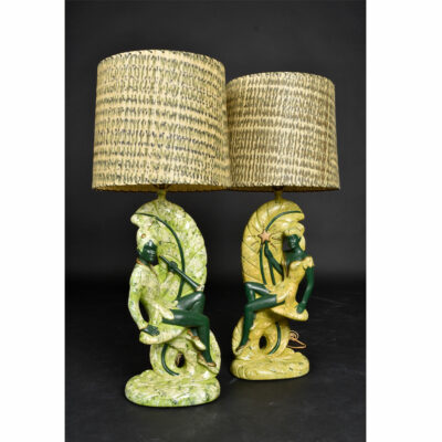 Continental Art Co. Green Fairy Chalkware Lamps with Fiberglass Shades