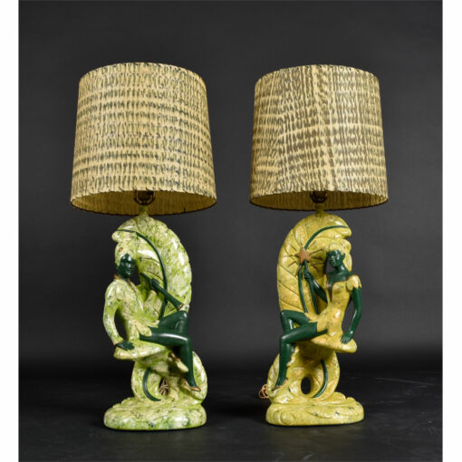 Continental Art Co. Green Fairy Chalkware Lamps with Fiberglass Shades