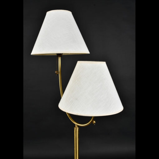 Two headed mid century modern brass floor lamp with table