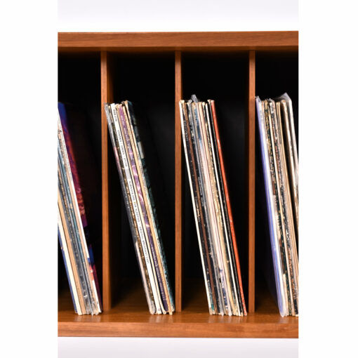 Record albums in storage cabinet
