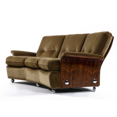KM Wilkins Velvet and rosewood taupe sofa with rosewood