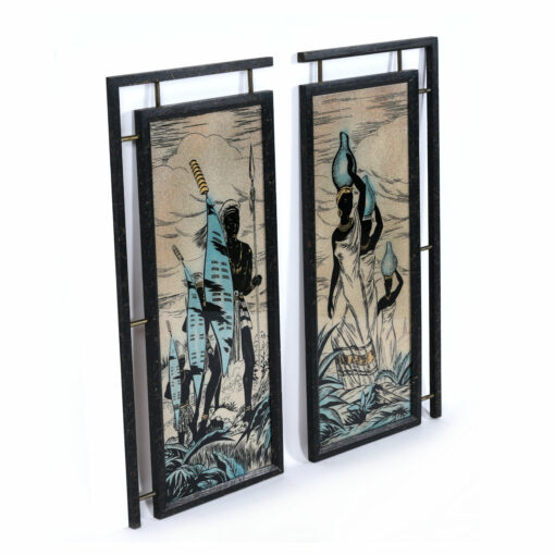 vintage painted glass panels with African women and warriors