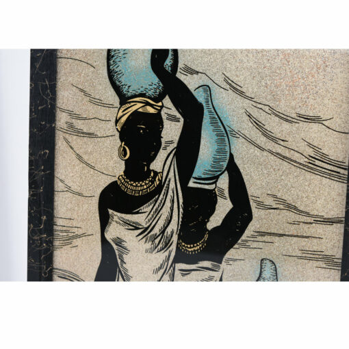 Silver and blue black women carrying jugs on their head