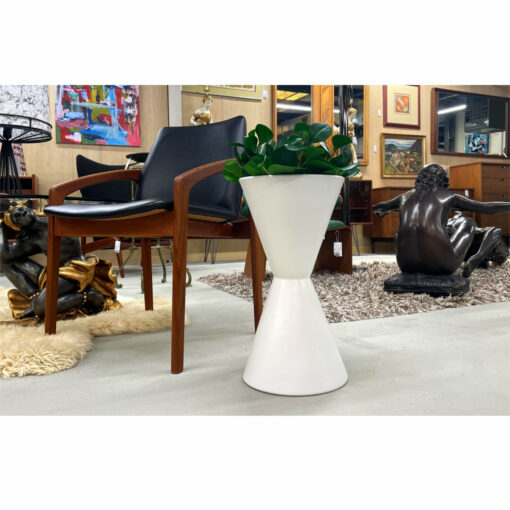 White hourglass Architectural Pottery planter with Danish chair