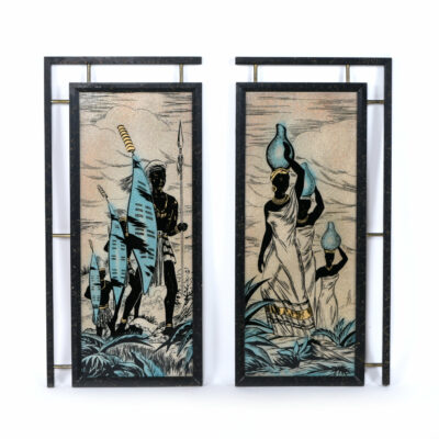 pair of mid century painted glass panels of African people