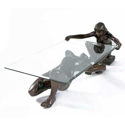 Glass top bronze sculpture figural coffee table