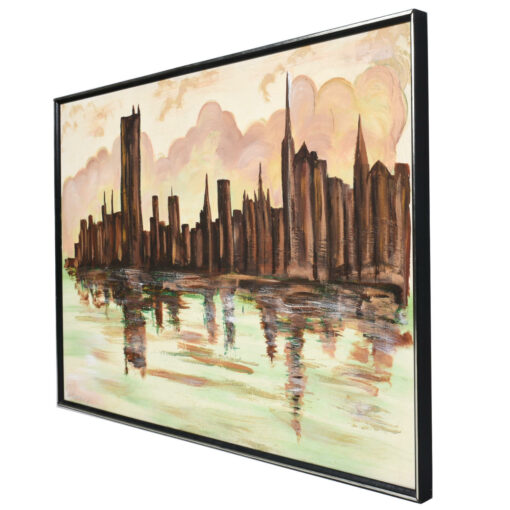 green brown cityscape painting