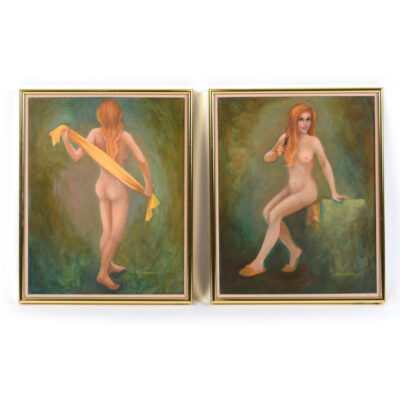 diptych pair of two figural female portrait paintings