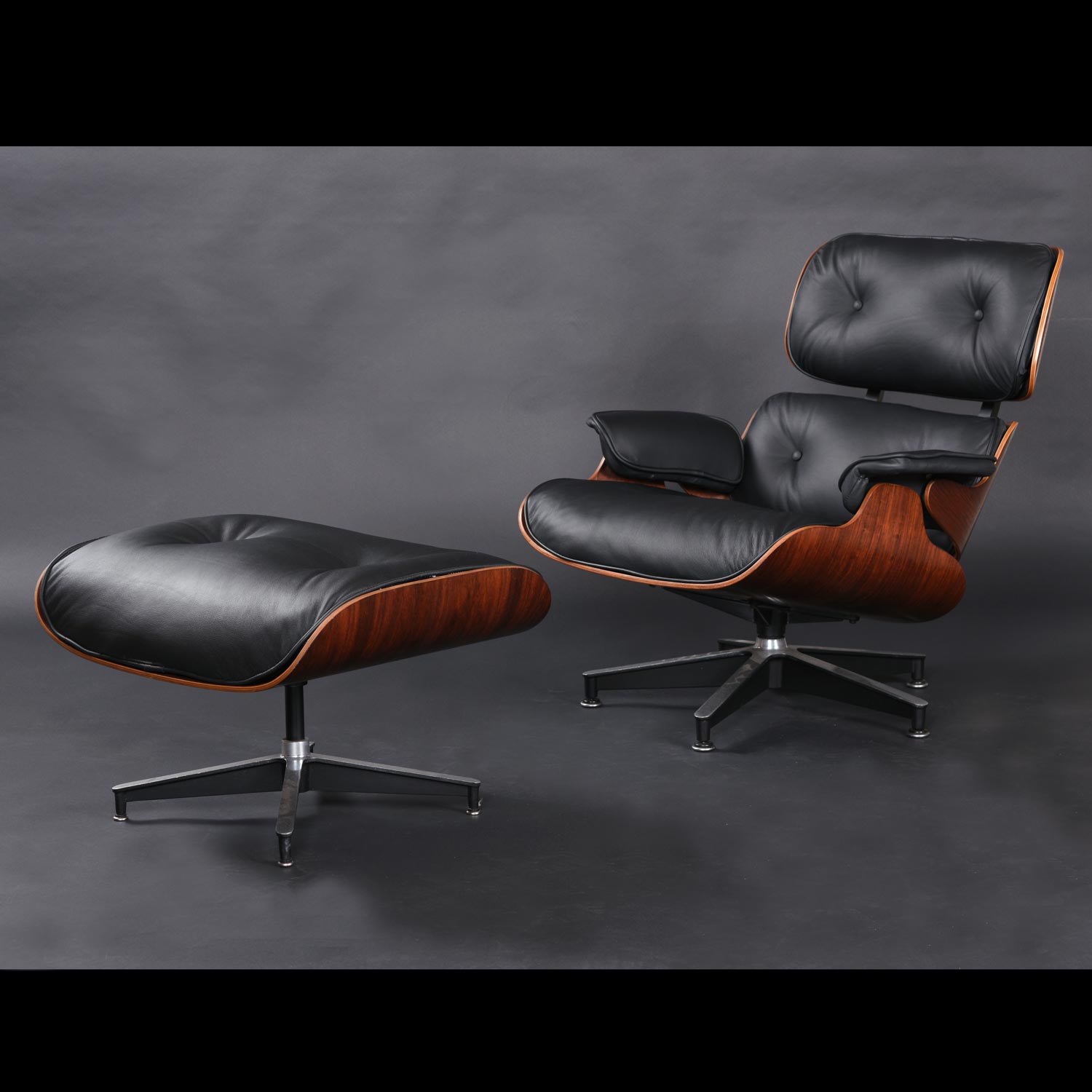 Black Leather Rosewood Eames and Ottoman