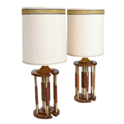 Bras and oak vintage 1970s table lamps