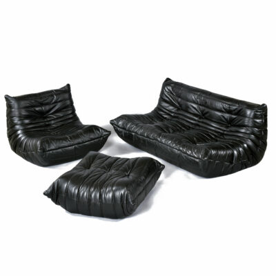Ligne Roset black leather Togo sofa chair and ottoman