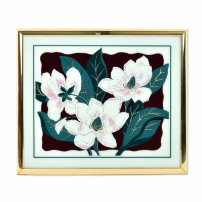 1980s white magnolia gold glitter with green leaves and burgundy background wall art