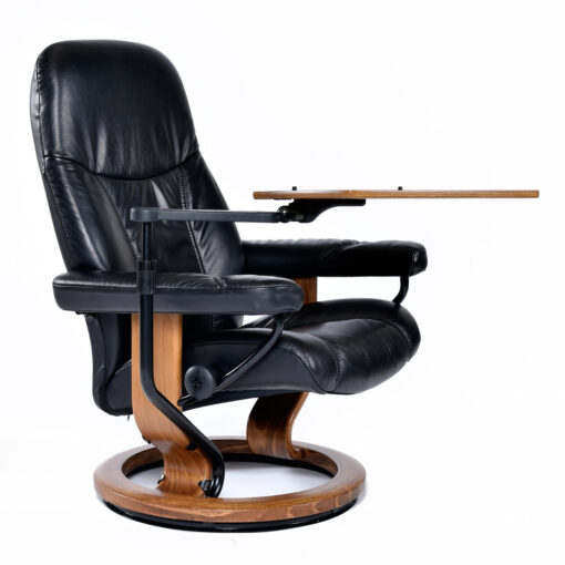 Ekornes Stressless black leather recliner with computer table