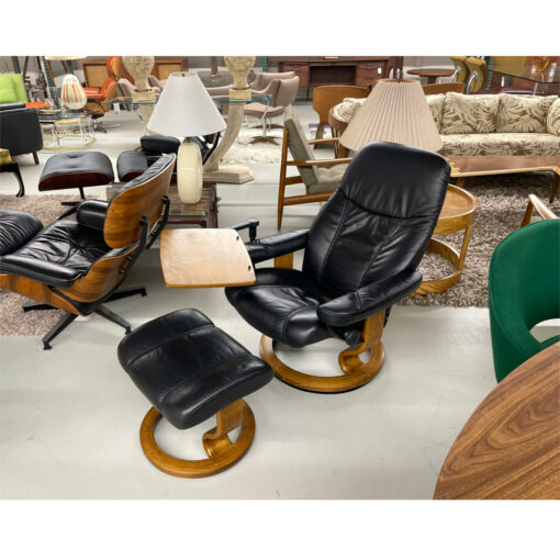 Ekornes Stressless black leather recliner with ottoman and personal table