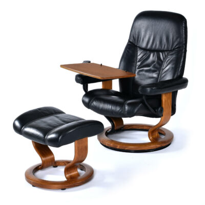 Ekornes Stressless Consul black leather recliner with personal table and ottoman
