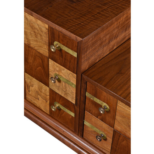 Beautiful refinished checkered parquet wood facade of John Stuart walnut dresser