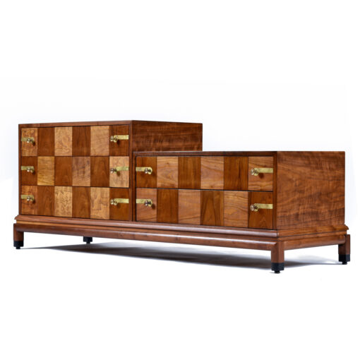 Refinished walnut wood with checkered parquet dresser design by John Stuart