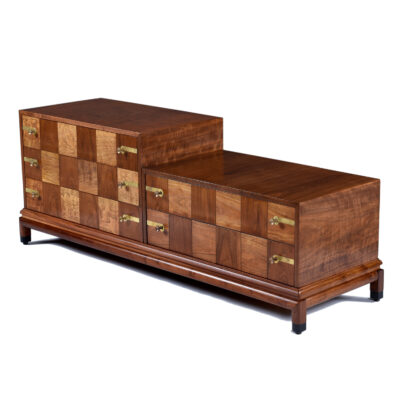 Checkered parquet walnut wood vintage dresser by John Stuart