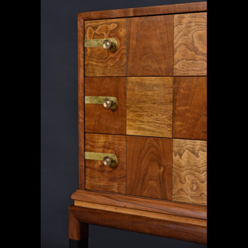 Exquisite detail on refinished walnut wood modular dresser by John Stuart