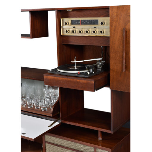 Two-piece walnut Mid-Century Modern stereo cabinet
