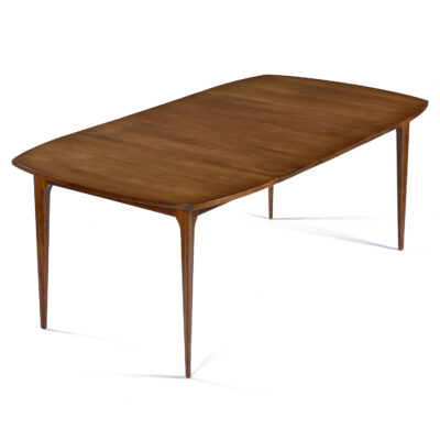Broyhill Brasilia walnut mid-century modern dining table with two leaves inserted