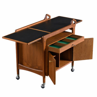 Dyrlund expanding Danish teak bar cart with locking doors